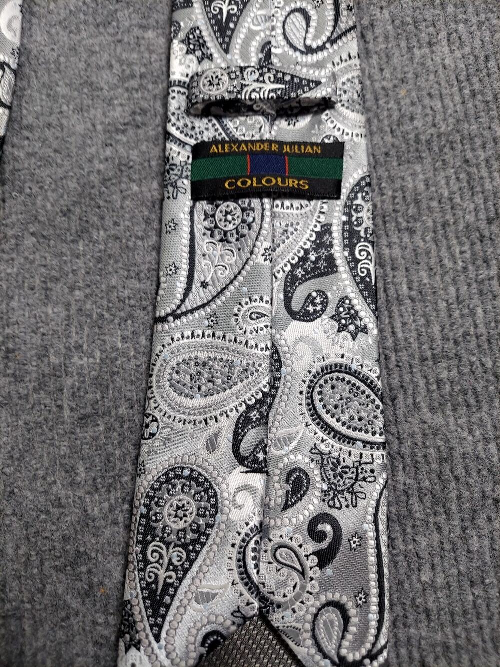 Alexander Julian Colours Mens Tie Black Silver White Woven Paisley Necktie